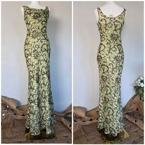 Vintage Cache Metallic Burnout Olive Chartreuse Gown Y2K Formal Glam Size 4 S/M